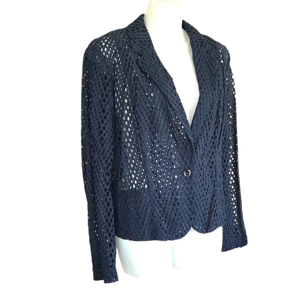 INC Int'l Concepts Eyelet Blazer, Women's L, Navy Single Button. euc